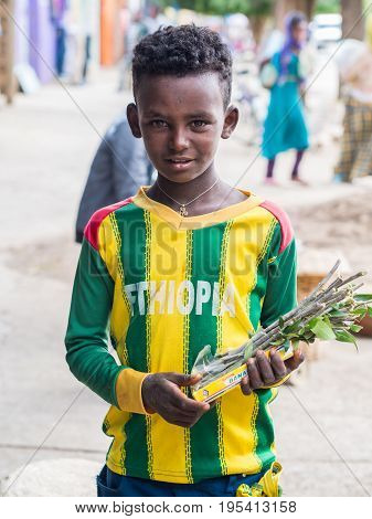 AXUM ETHIOPIA- June 30 2016: A boy selling mefakia a natural wooden toothbrush used in Ethiopia.