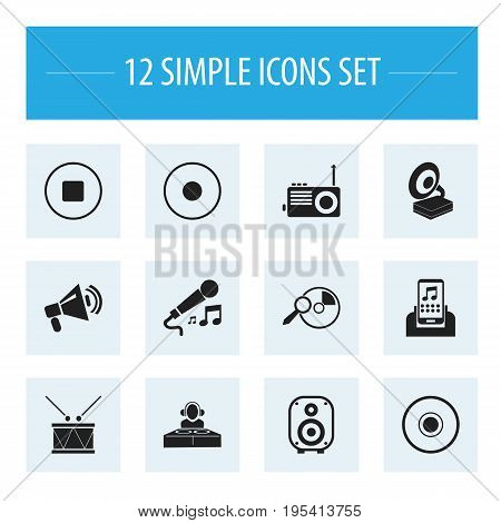 Set Of 12 Editable Mp3 Icons. Includes Symbols Such As Break Music, Timpano, Radio And More. Can Be Used For Web, Mobile, UI And Infographic Design.