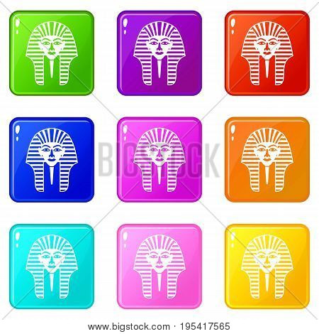 Tutankhamen mask icons of 9 color set isolated vector illustration