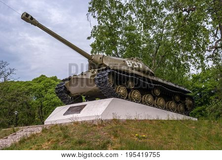Priozersk, Republic of Karelia, Russia - June 12, 2017: a monument to the heavy IS-3 tank - Josef Stalin - 3. This combat vehicle is often considered one of the first post-war Soviet tanks.