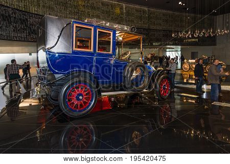 STUTTGART GERMANY- MARCH 19 2016: Vintage car Benz 20/35 PS Landaulet 1909. Mercedes-Benz Museum.