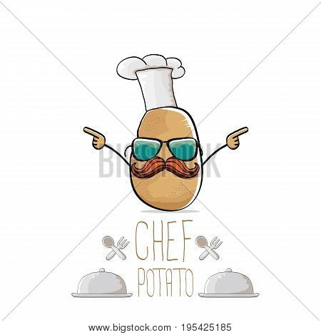 vector funny cartoon cute brown chef potato isolated on white background. My name is potato vector concept. vegetable funky character with chef hat