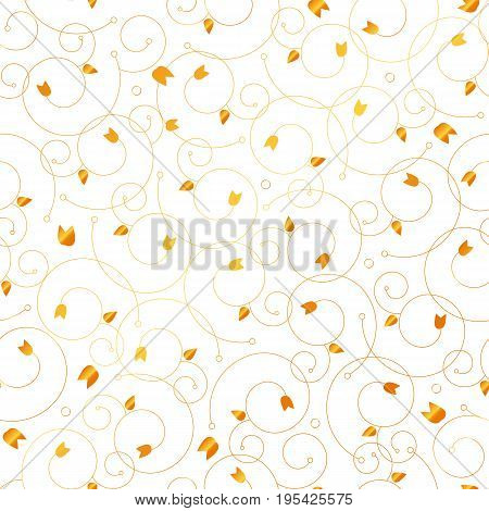 Golden floral ornament. Gentle flower vector seamless pattern on white background. Golden ar deco pattern.Thin line swirl simple minimalistic decor. Floral ornate for fashion textile or wedding card