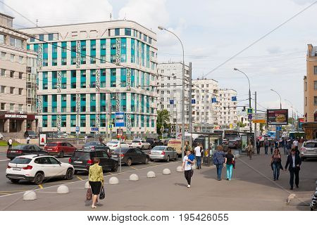 MOSCOW - JULY 5: People and cars on Krasnaya Presnya street on July 5 2017 in Moscow. Krasnaya Presnya street is located in the center of Moscow.