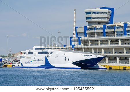 Port of Piraeus Greece - Mai 30 2017: Portuguese ferry boat operated by Atlanticoline anchored at Port of Piraeus at the Ministry of Mercantile Marine building