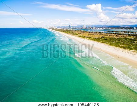 An aerial photo from the Spit on the Gold Coast looking back towards Surfers Paradise