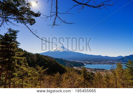 scene of view point for mountain fuji and lake in day time winter season - can use to display or montage on product
