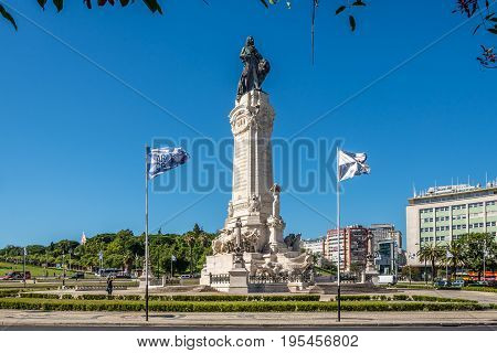 LISBON,PORTUGAL - MAY 19,2017 - Monument of Marquis Pombal at the head of the Avenida da Liberdade in Lisbon. Lisbon is the capital of Portugal.