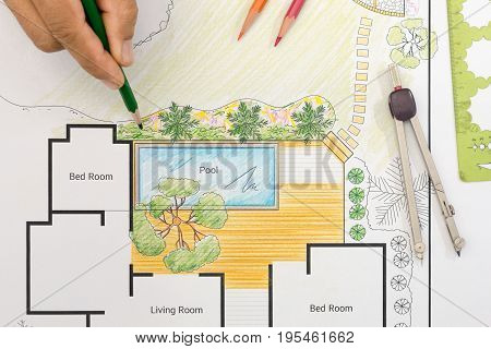 Landscape architect design backyard plan for villa .