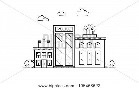 Concept of police department building in flat line design, front view. Vector illustration isolated on white.