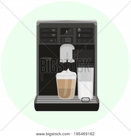 Flat office coffee machine with cup. Home coffee maker icon. Modern design. Kitchen barista equipment. Raster illustration isolated on white.