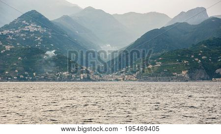 Foggy view of Minori town on Amalfi coast right after the rain