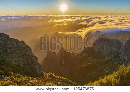 Top of the mountain at sunrise on Pico do Arieiro Madeira islands Portugal