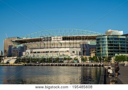 Melbourne Australia - January 6 2017: Etihad Stadium is a multi purpose sport stadium in Victoria Harbour in Melbourne's Docklands district.