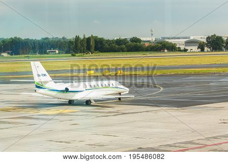 PRAGUE, CZECH REPUBLIC - JUNE 16, 2017: Cessna 680 Citation Sovereign OK-EMA Is waiting.