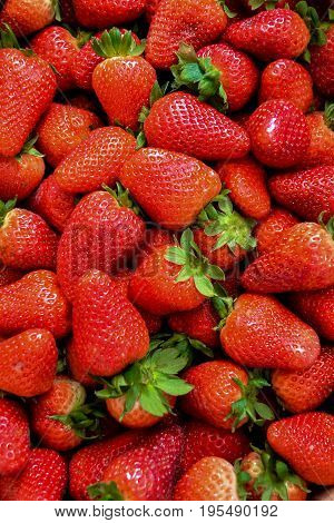 Closeup on strawberries in basket, strawberry basket, strawberries on wooden table, basket with strawberries, strawberries in natural background
