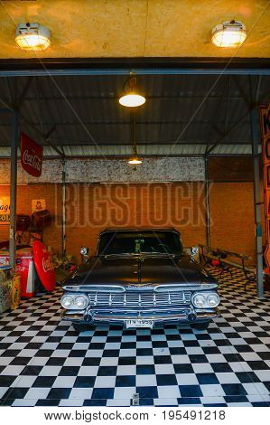 BANGKOK THAILAND - March 26 2017: Show old vintage Chevrolet car at Night market Srinakarin road that name is train market. This market is open every Wednesday to Sunday.