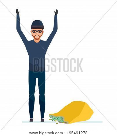 Thief broke the law. Detention and arrest of the offender, with bag of money. The abduction of finance and jewelerry. Vector illustration isolated in cartoon style.