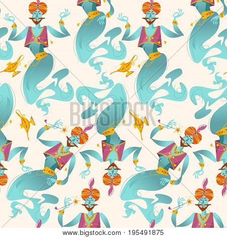 Happy genies with magic wands and magic lamps. Seamless background pattern. Vector illustration