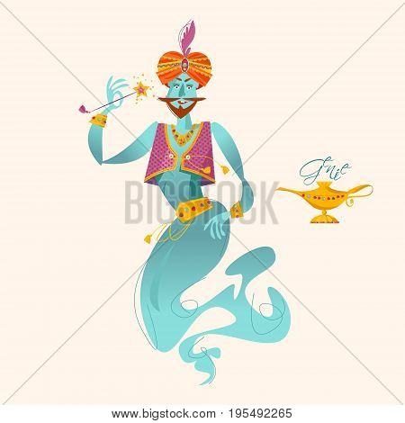 Happy genie with magic wand. Vector illustration