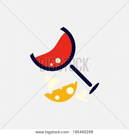 Minimalistic wine and cheese icon. Slice of cheese and a wineglass. Vintage coupe wine glass.