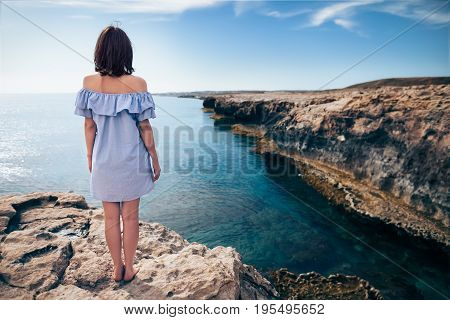 Young Woman Enjoying Beautiful Sea View On Greco Cape In Cyprus