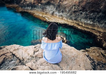 Young Woman Enjoying Beautiful Sea View On Greco Cape In Cyprus