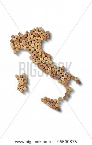Wine-producing countries - maps from wine corks. Map of Italy on white background. Clipping path included.