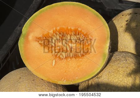 A Cantalope half is on display at a Farmers Market to reveal the ripness of the batch