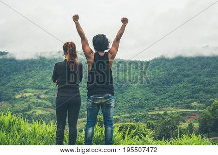 Lover Men and women Asia travel relax. Morning atmosphere nature Forests mountains. khaoko Thailand