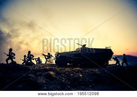 War Concept. Military Silhouettes Fighting Scene On War Fog Sky Background, World War Soldiers Silho