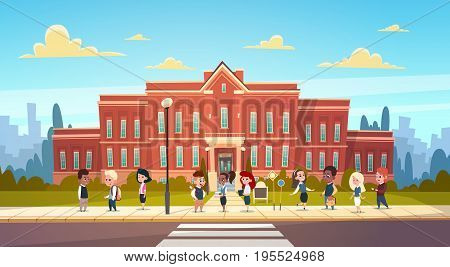 Group Of Pupils Mix Race Stand In Front Of School Building Primary Schoolchildren Talking Students Flat Vector Illustration