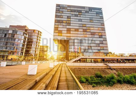 Sunset view on the Medienhafen financial district with modern buildings in Dusseldorf city, Germany