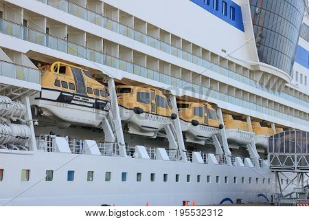 IJmuiden the Netherlands - April 30th 2017: Aida Sol docked at the Felison Cruise Terminal detail of safety vessels