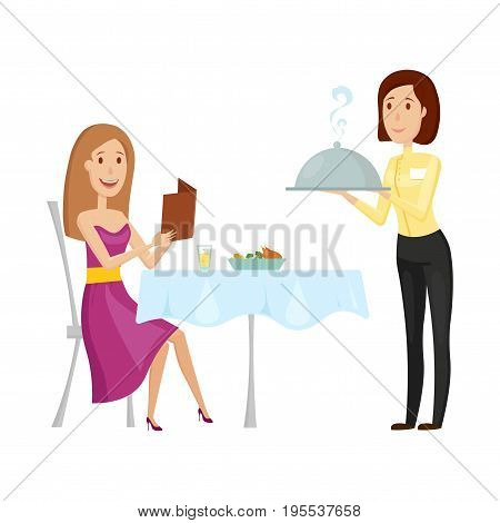 A waiter with a hot dish in the restaurant. Vector illustration on a white background. Flat and cartoon style