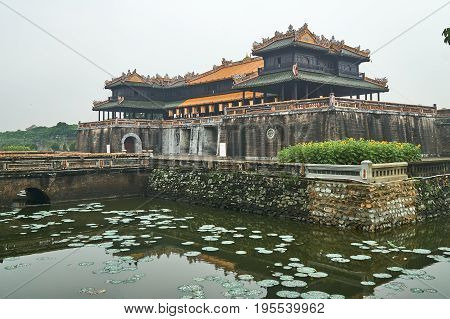 Sunflower in front of the entrence door from the imperial city, Hue, Vietnam