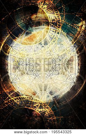 Light merkaba and zodiac in cosmic space. Sacred geometry