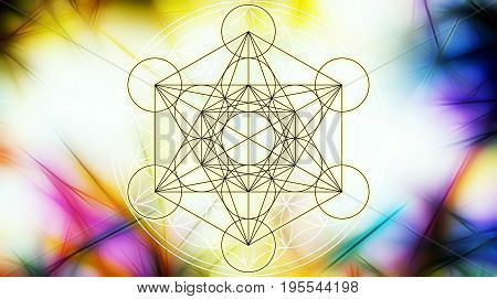 Light merkaba and Flower of life on abstract color background and fractal structure. Sacred geometry
