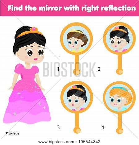Children educational game. Kids activity. Matching pairs. Find the correct reflection of beautiful princess in the mirror