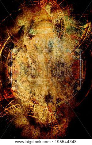 Light merkaba and zodiac and abstract background. Sacred geometry