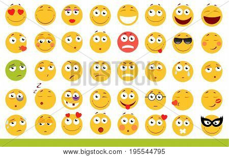 Set of cute Emoticons. Emoji and Smile icons. Isolated on white background. vector illustration