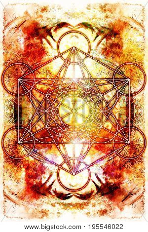 Light merkaba on abstract background. Sacred geometry. Fire effect