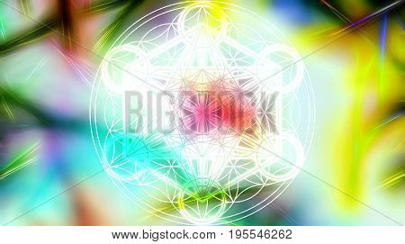 Light merkaba and Flower of life on abstract color background and fractal structure. Sacred geometry