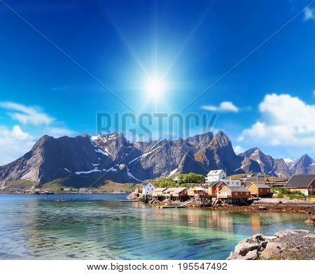 small town of hamnoy near lofoten in norway with blue sky