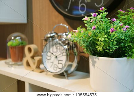 Bedhead decoration with plants and clock with selective focus