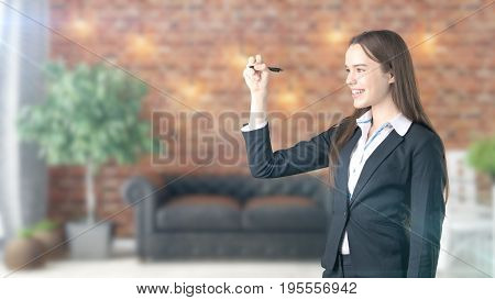 Young Beautiful Business Woman And Creative Designer Standing Over Blured Interior Background