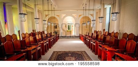 GALILEE ISRAEL - JUNE 24: Interior of the Sanctuary of the Word in Domus Galilaeae on the Mount of Beatitudes near the Sea of Galilee Israel on June 24 2017