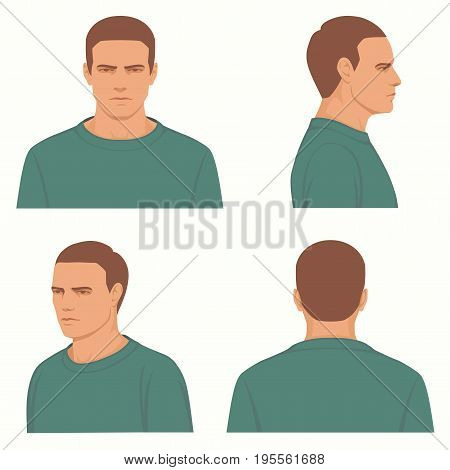 vector man hairstyle ,front, side, profile view of head character