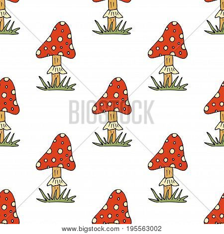 Vector doodle style seamless pattern with forest mushrooms. Ornamental, traditional, seamless pattern with forest mushroom. Nature vector.