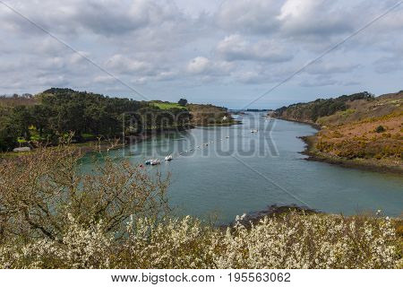 Boats anchored in the river Aber Wrac'h in Brittany France